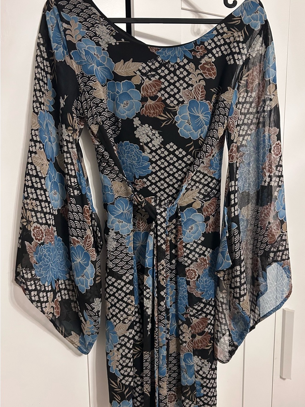 Vintage Black Floral Dress with Blue and Brown Accents
